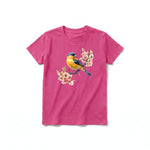 A raspberry short-sleeve crewneck t-shirt for youth featuring a graphic of a bird on the front.