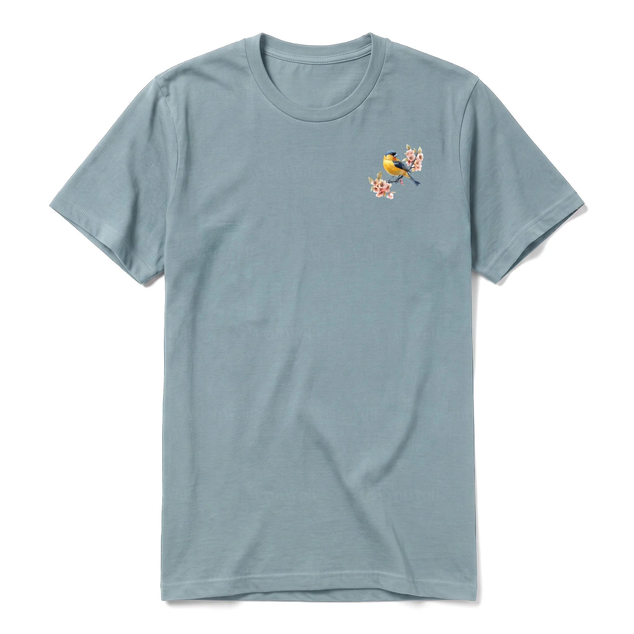 Un T-shirt sauge T-shirt à col rond et manches courtes pour adulte, orné d'un motif représentant un oiseau sur la poitrine gauche.