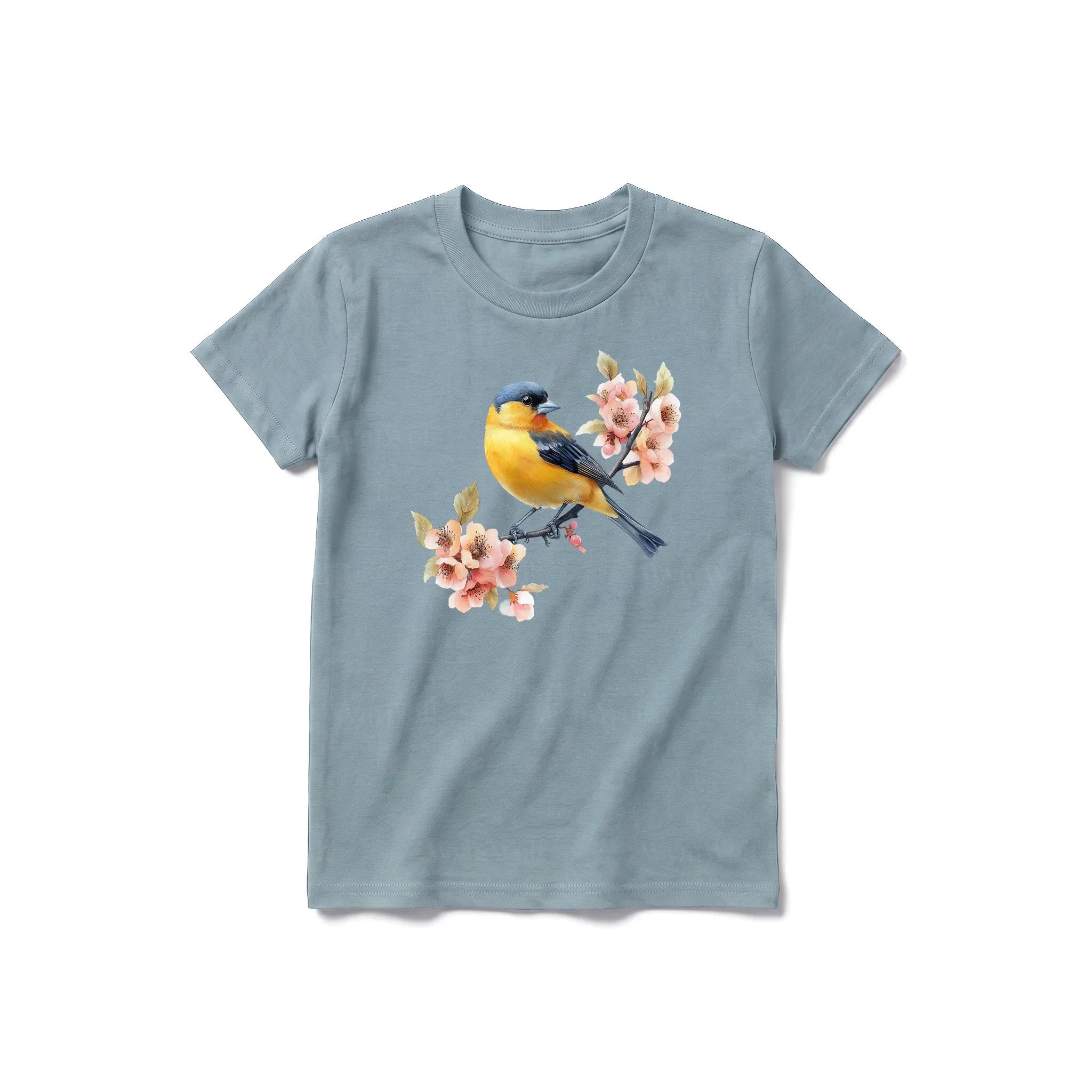 Un T-shirt sauge à manches courtes et col rond pour jeune, orné d'un motif représentant un oiseau sur le devant.