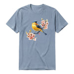 A steel-blue short-sleeve crewneck t-shirt for adult featuring a graphic of a bird on the front.
