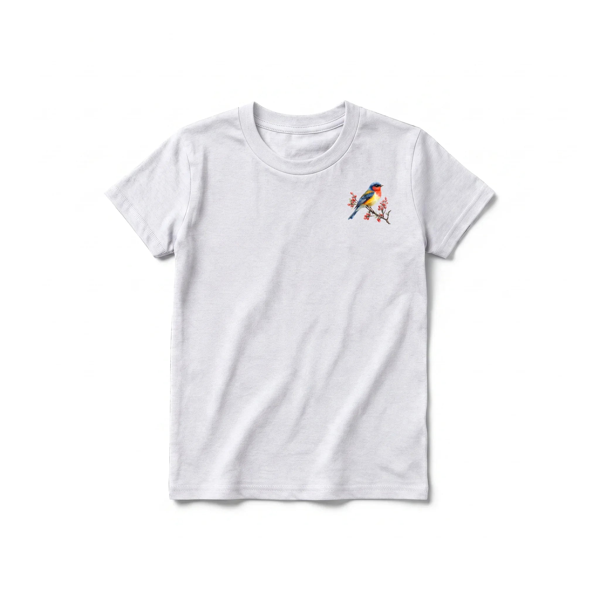 Un T-shirt gris cendré à manches courtes et col rond pour jeune, orné d'un motif représentant un oiseau sur la poitrine gauche.