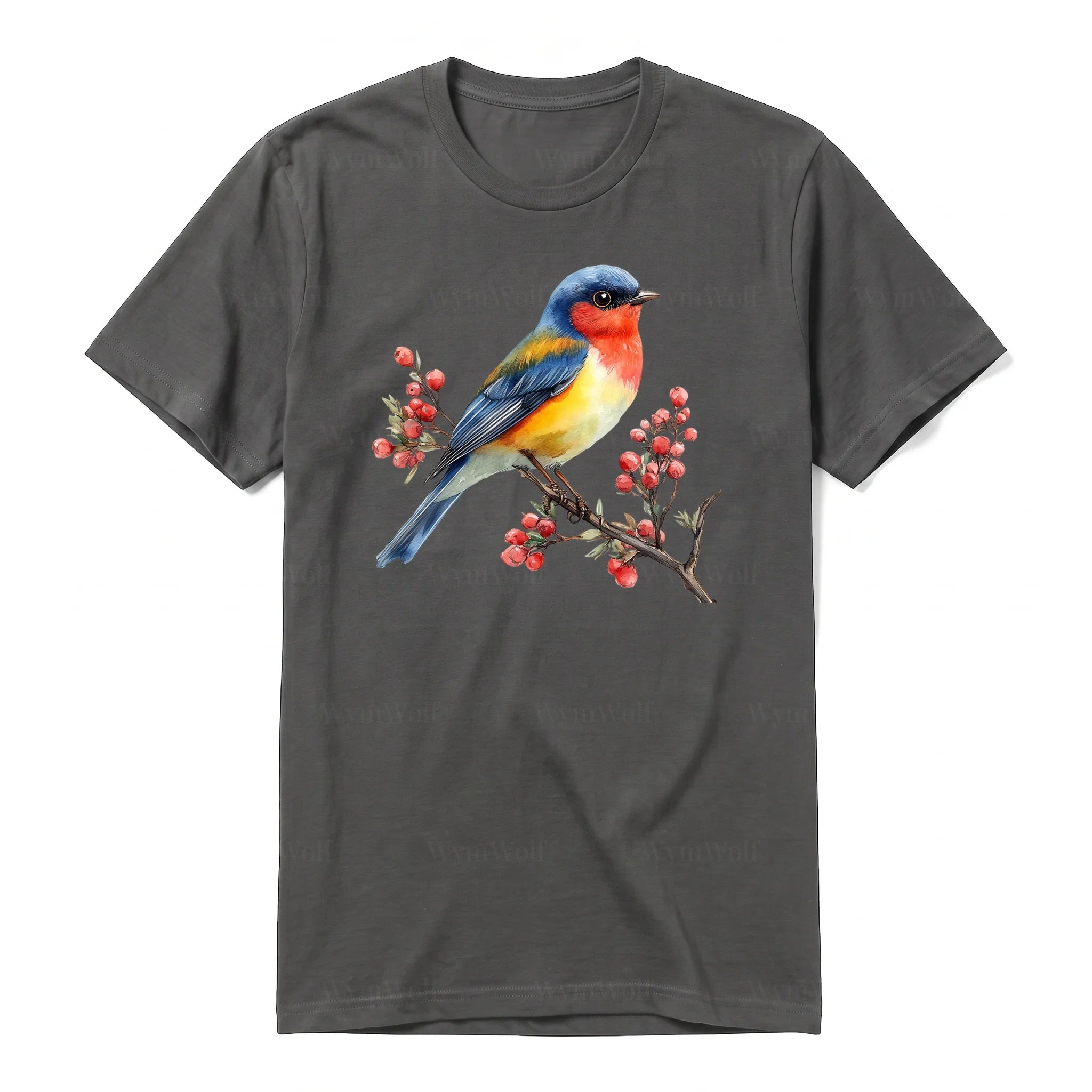 Un T-shirt charbon T-shirt à col rond et manches courtes pour adulte, orné d'un motif représentant un oiseau sur le devant.