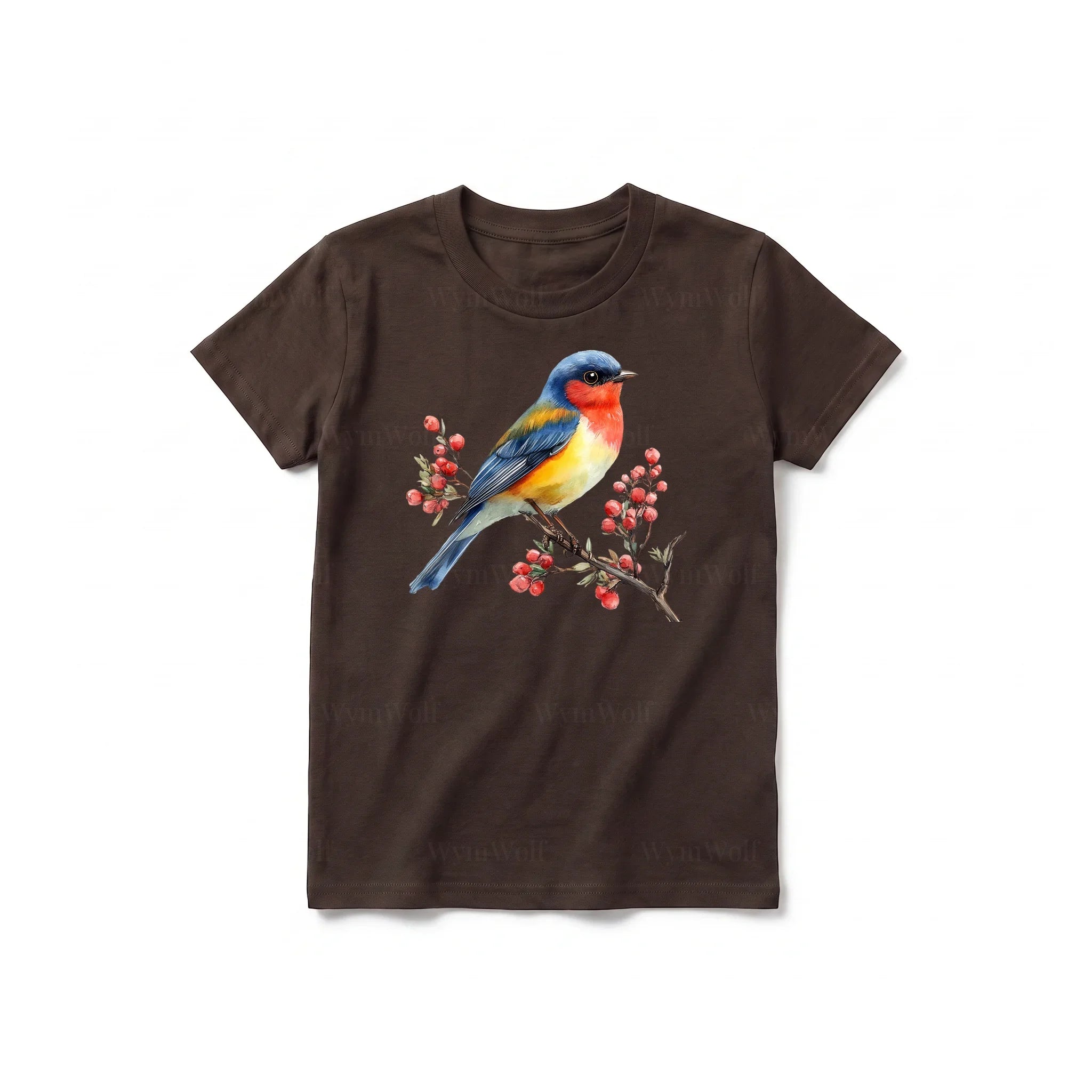 Un T-shirt chocolat à manches courtes et col rond pour jeune, orné d'un motif représentant un oiseau sur le devant.