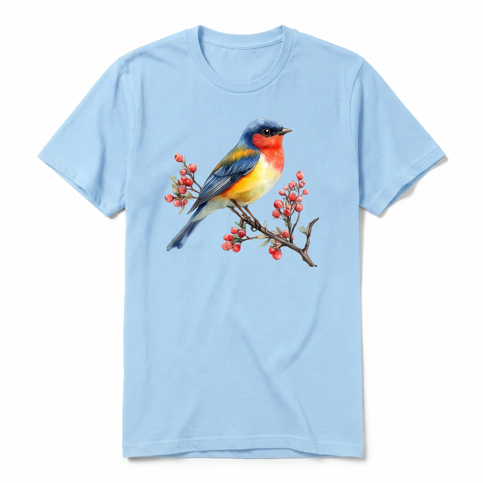 Un T-shirt poudre T-shirt à col rond et manches courtes pour adulte, orné d'un motif représentant un oiseau sur le devant.