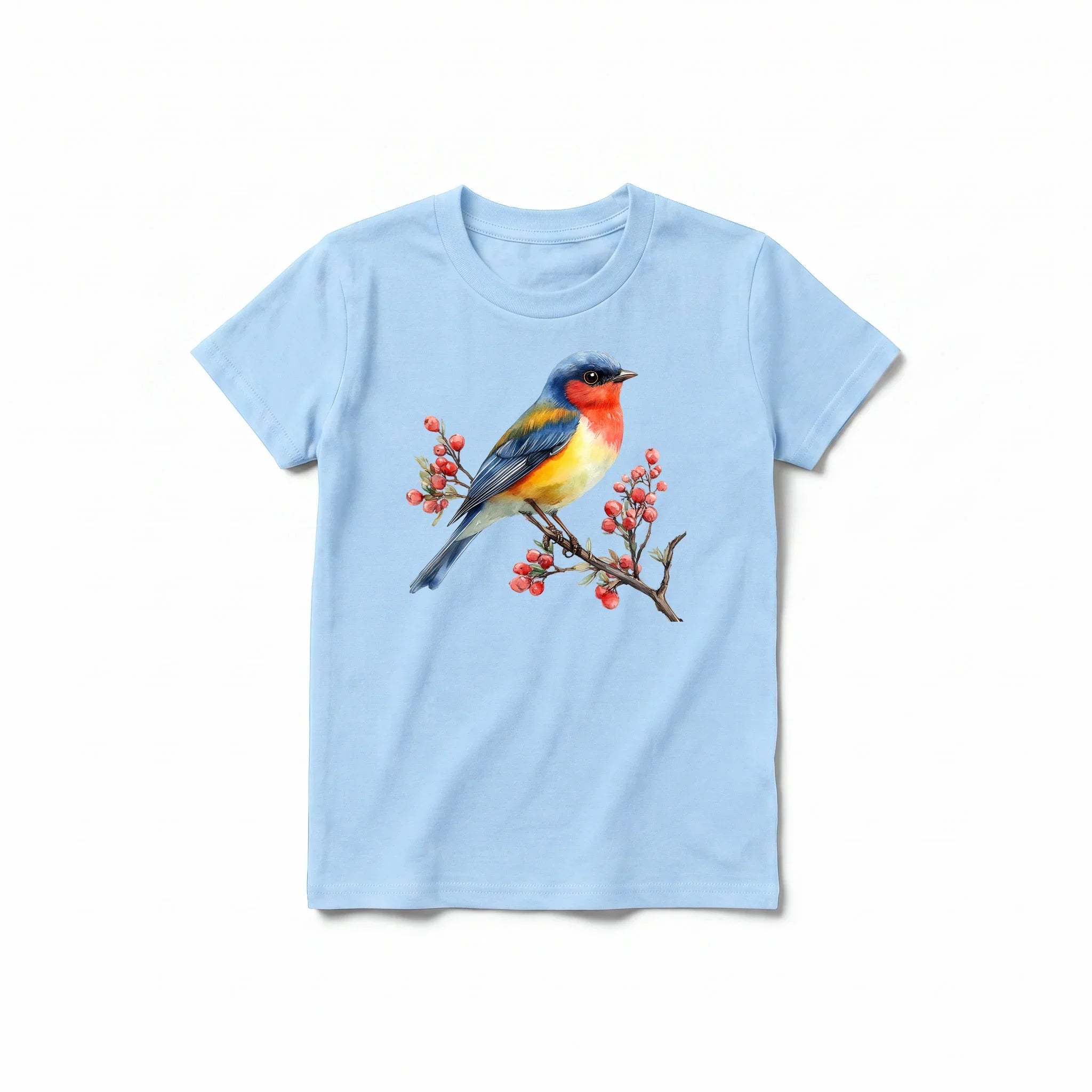 Un T-shirt poudre à manches courtes et col rond pour jeune, orné d'un motif représentant un oiseau sur le devant.