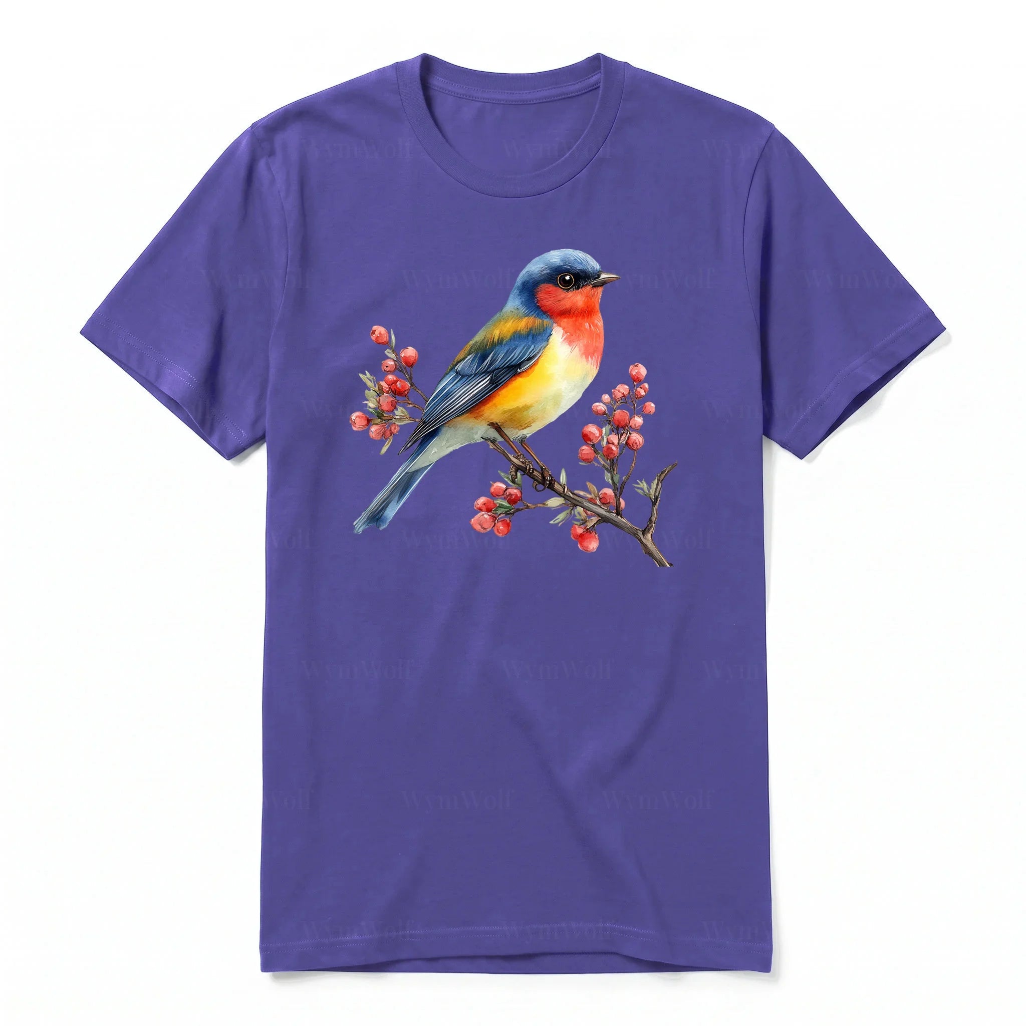 Un T-shirt violet T-shirt à col rond et manches courtes pour adulte, orné d'un motif représentant un oiseau sur le devant.