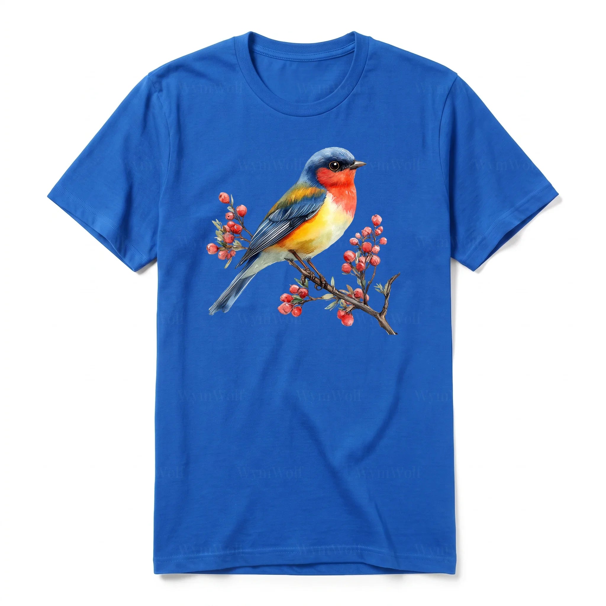 Un T-shirt royal T-shirt à col rond et manches courtes pour adulte, orné d'un motif représentant un oiseau sur le devant.