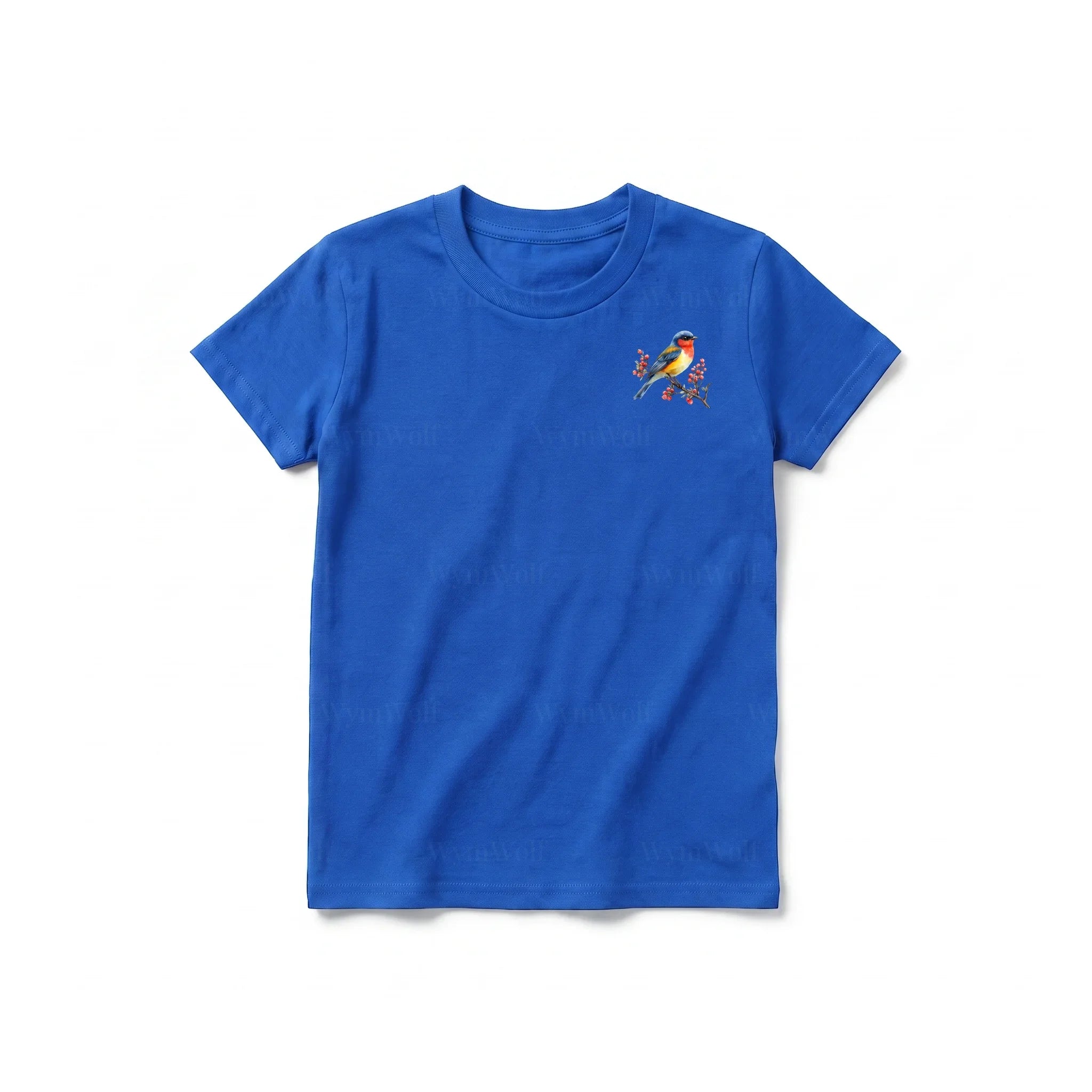 Un T-shirt royal à manches courtes et col rond pour jeune, orné d'un motif représentant un oiseau sur la poitrine gauche.