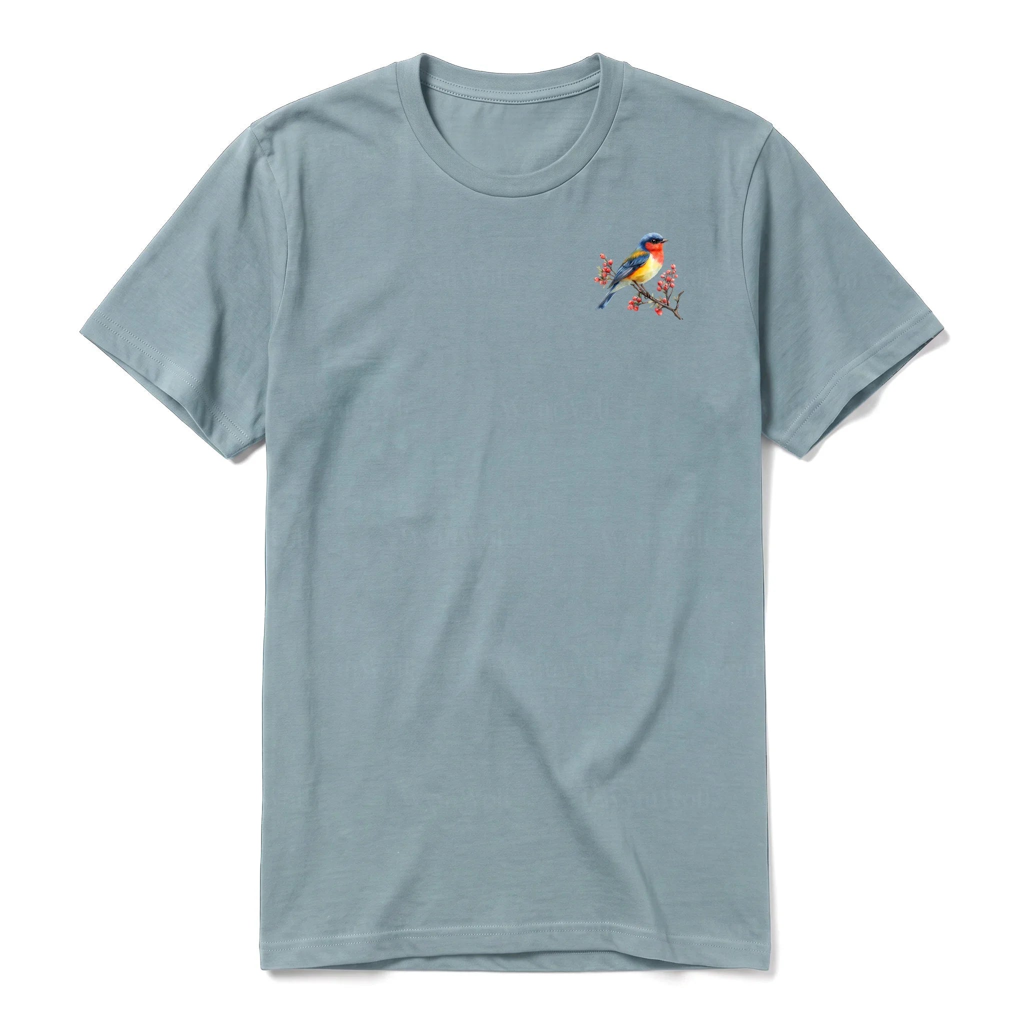 Un T-shirt sauge T-shirt à col rond et manches courtes pour adulte, orné d'un motif représentant un oiseau sur la poitrine gauche.