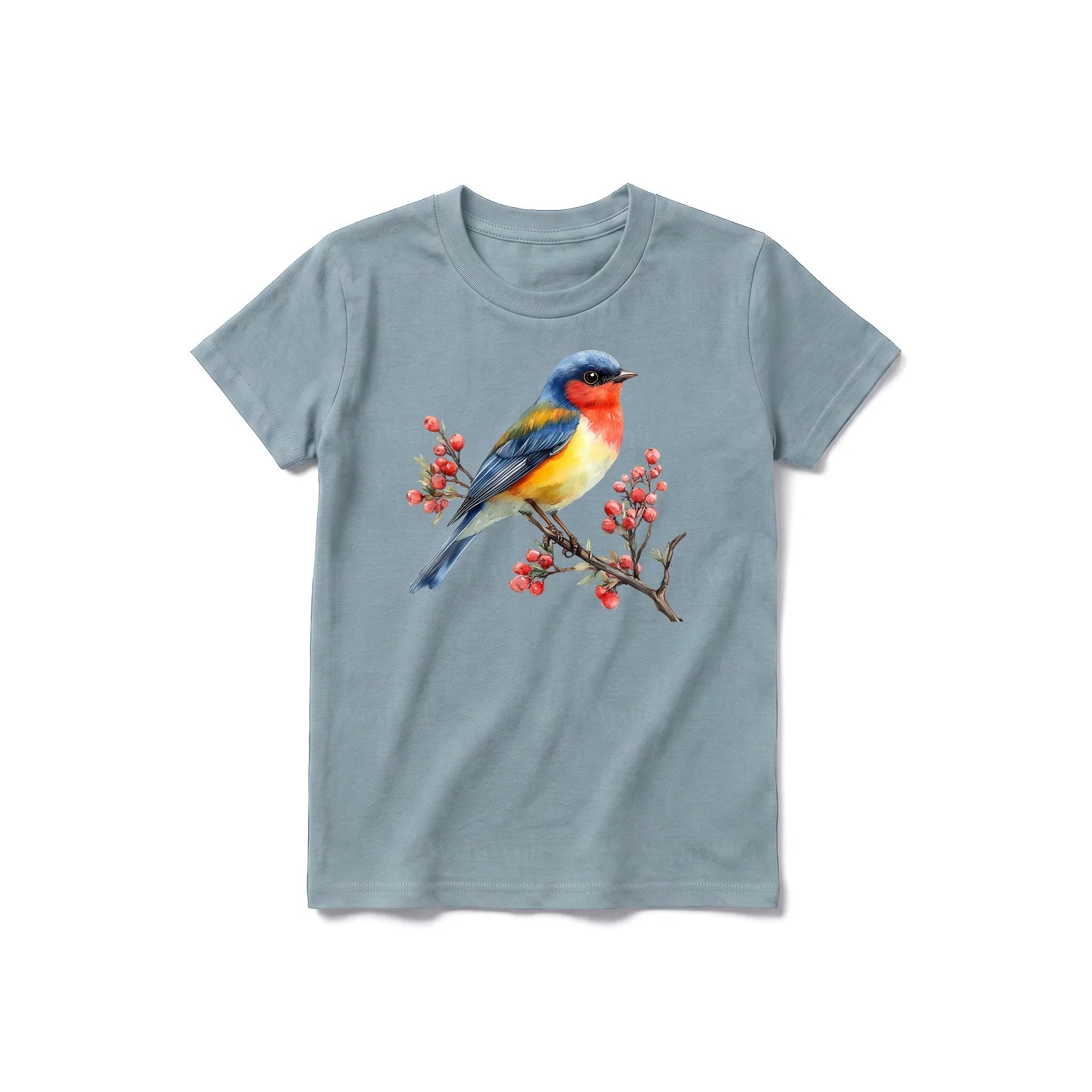 Un T-shirt sauge à manches courtes et col rond pour jeune, orné d'un motif représentant un oiseau sur le devant.