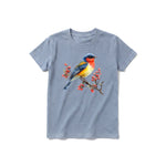 Un T-shirt steel-blue à manches courtes et col rond pour jeune, orné d'un motif représentant un oiseau sur le devant.