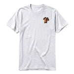 A ash grey short-sleeve crewneck t-shirt for adult featuring a graphic of a dog on the left chest.