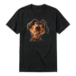 A black short-sleeve crewneck t-shirt for adult featuring a graphic of a dog on the front.
