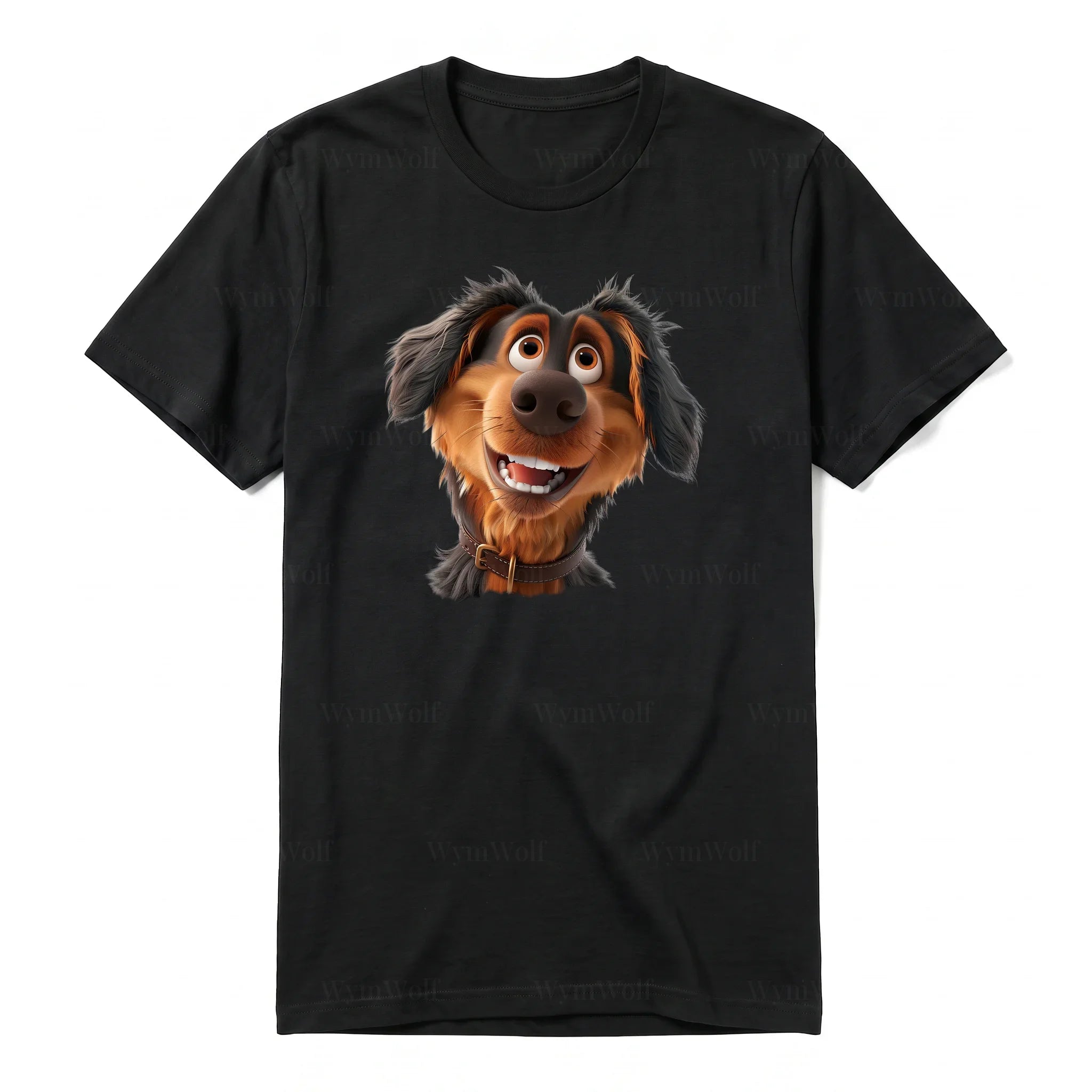 A black short-sleeve crewneck t-shirt for adult featuring a graphic of a dog on the front.