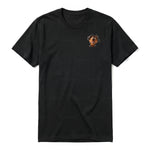 A black short-sleeve crewneck t-shirt for adult featuring a graphic of a dog on the left chest.