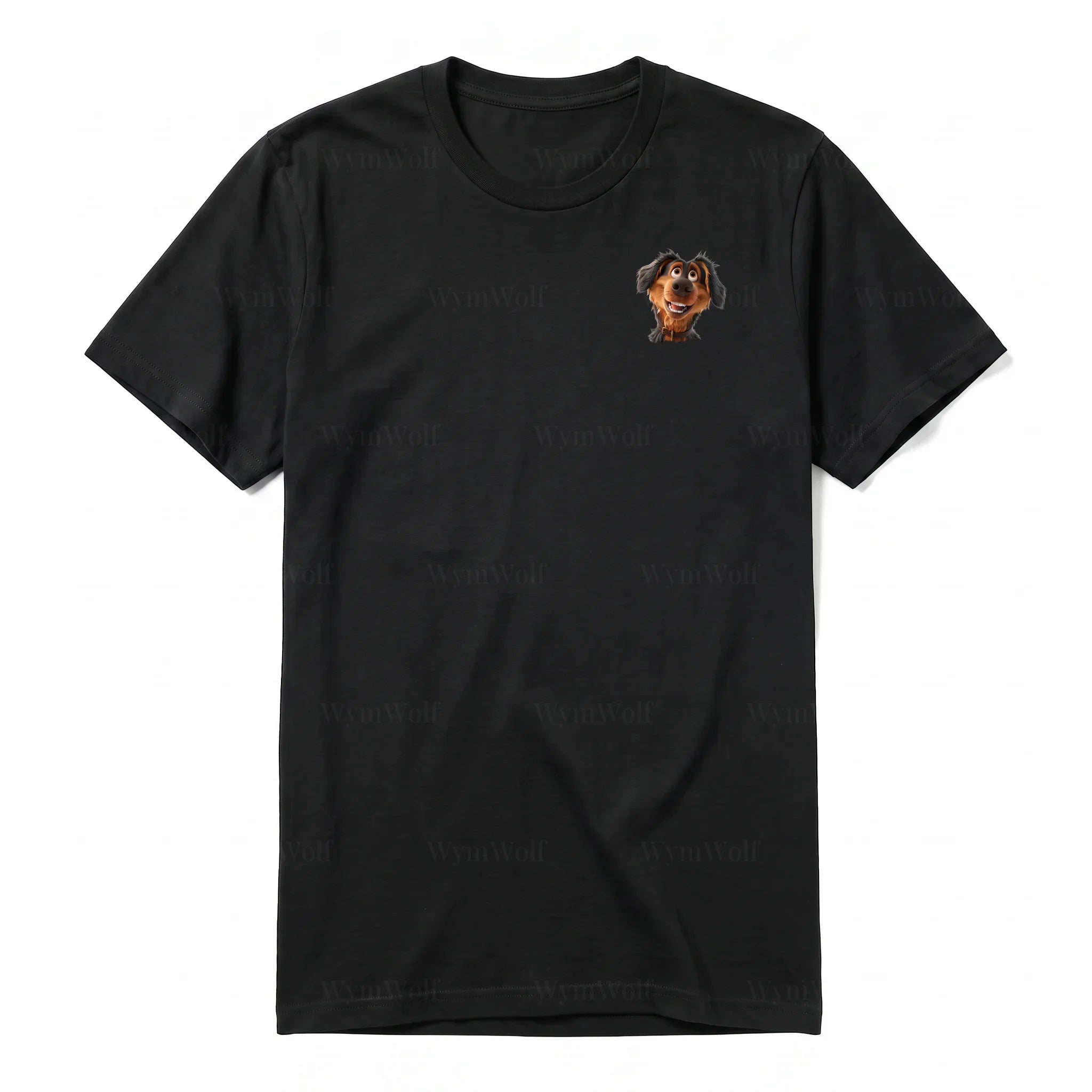 A black short-sleeve crewneck t-shirt for adult featuring a graphic of a dog on the left chest.