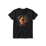 A black short-sleeve crewneck t-shirt for youth featuring a graphic of a dog on the front.