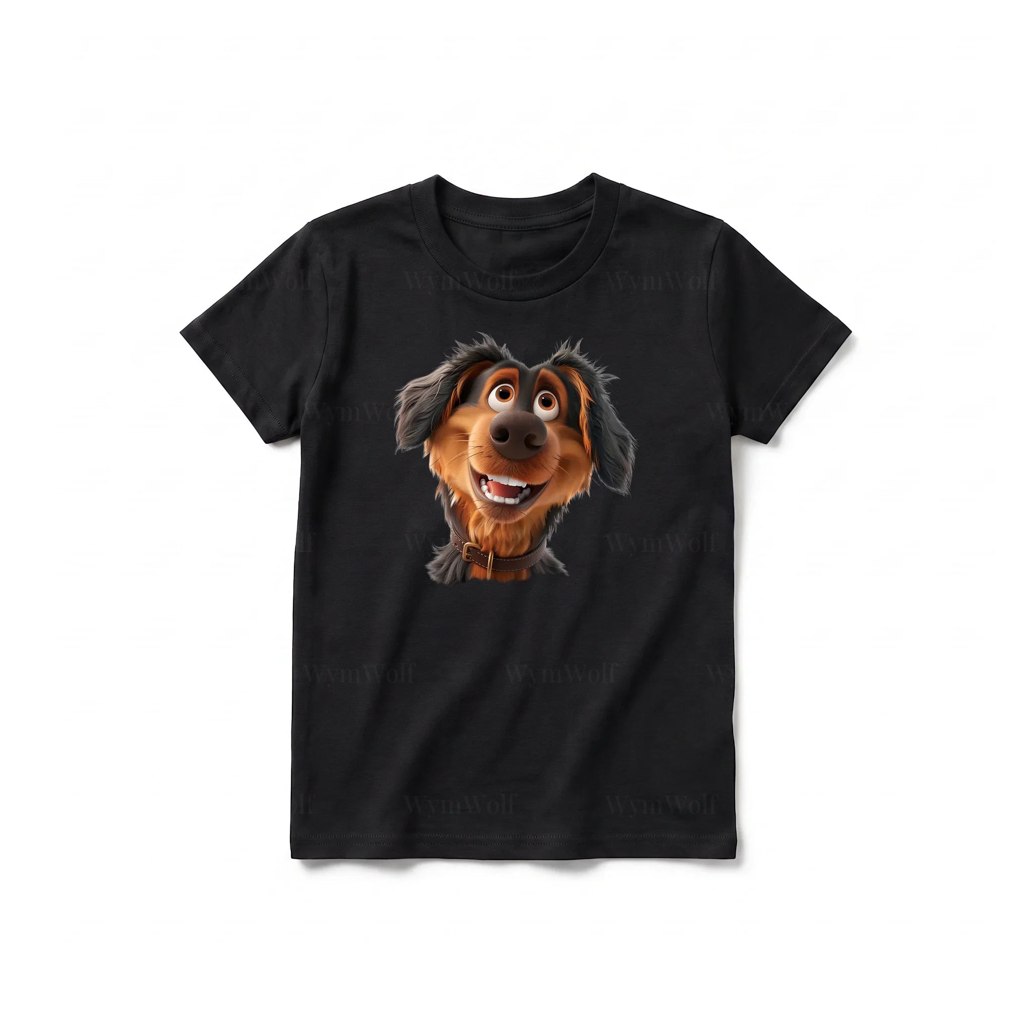 A black short-sleeve crewneck t-shirt for youth featuring a graphic of a dog on the front.