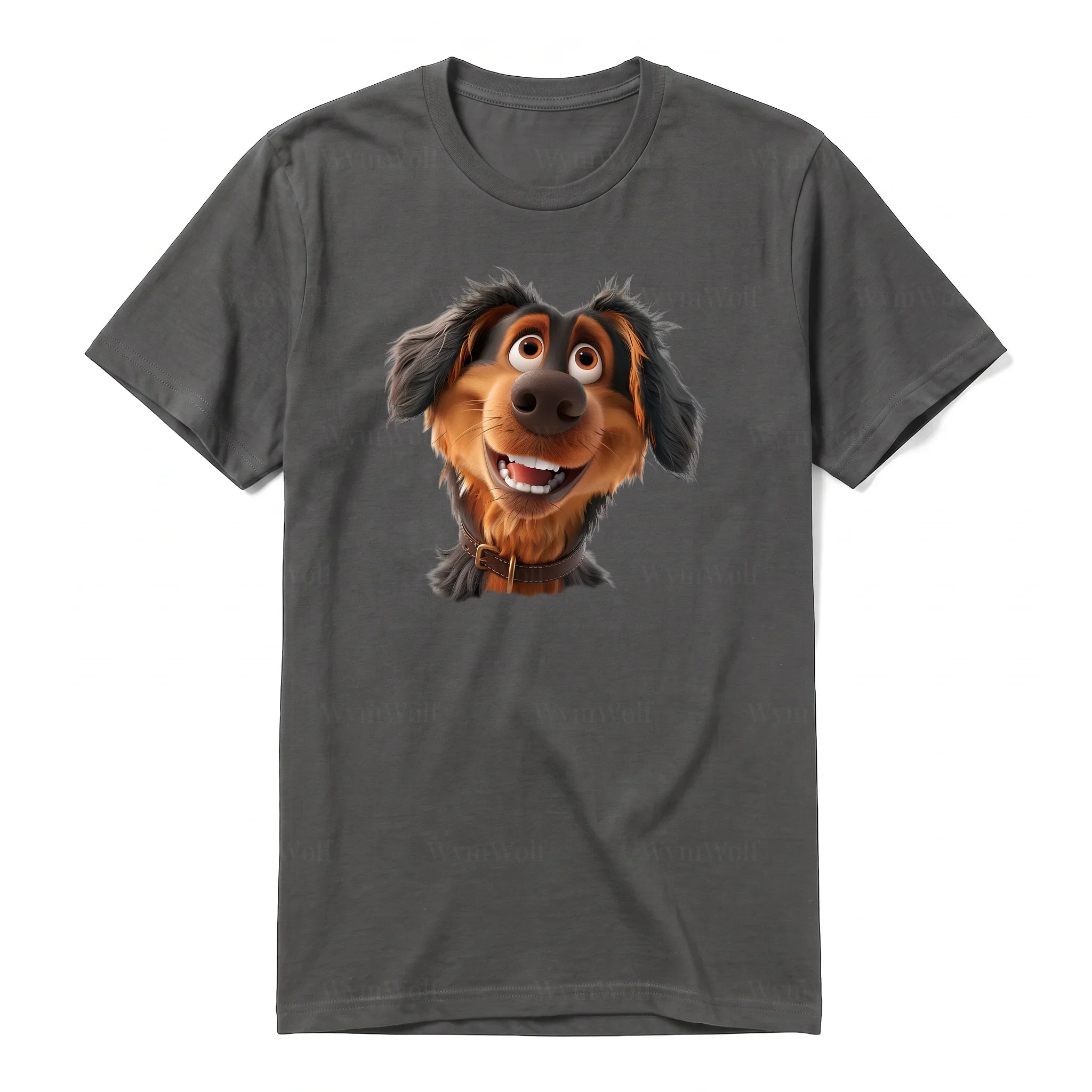 Un T-shirt charbon à manches courtes et col rond, orné d'un motif représentant un chien sur le devant.