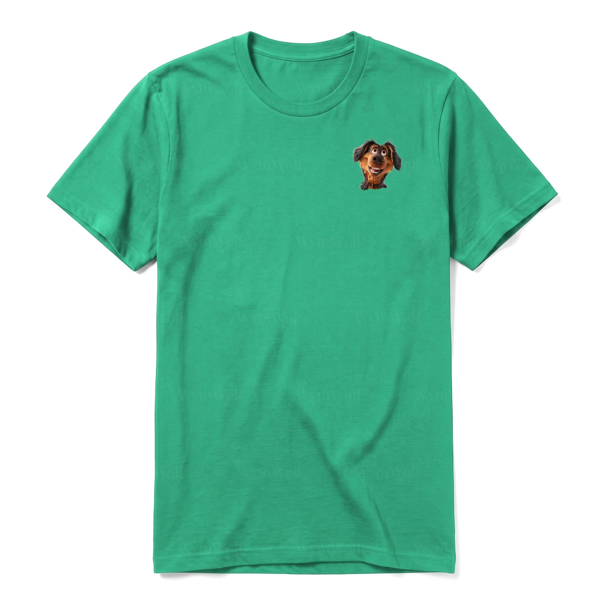 Un T-shirt kelly à manches courtes et col rond, orné d'un motif représentant un chien sur la poitrine gauche.