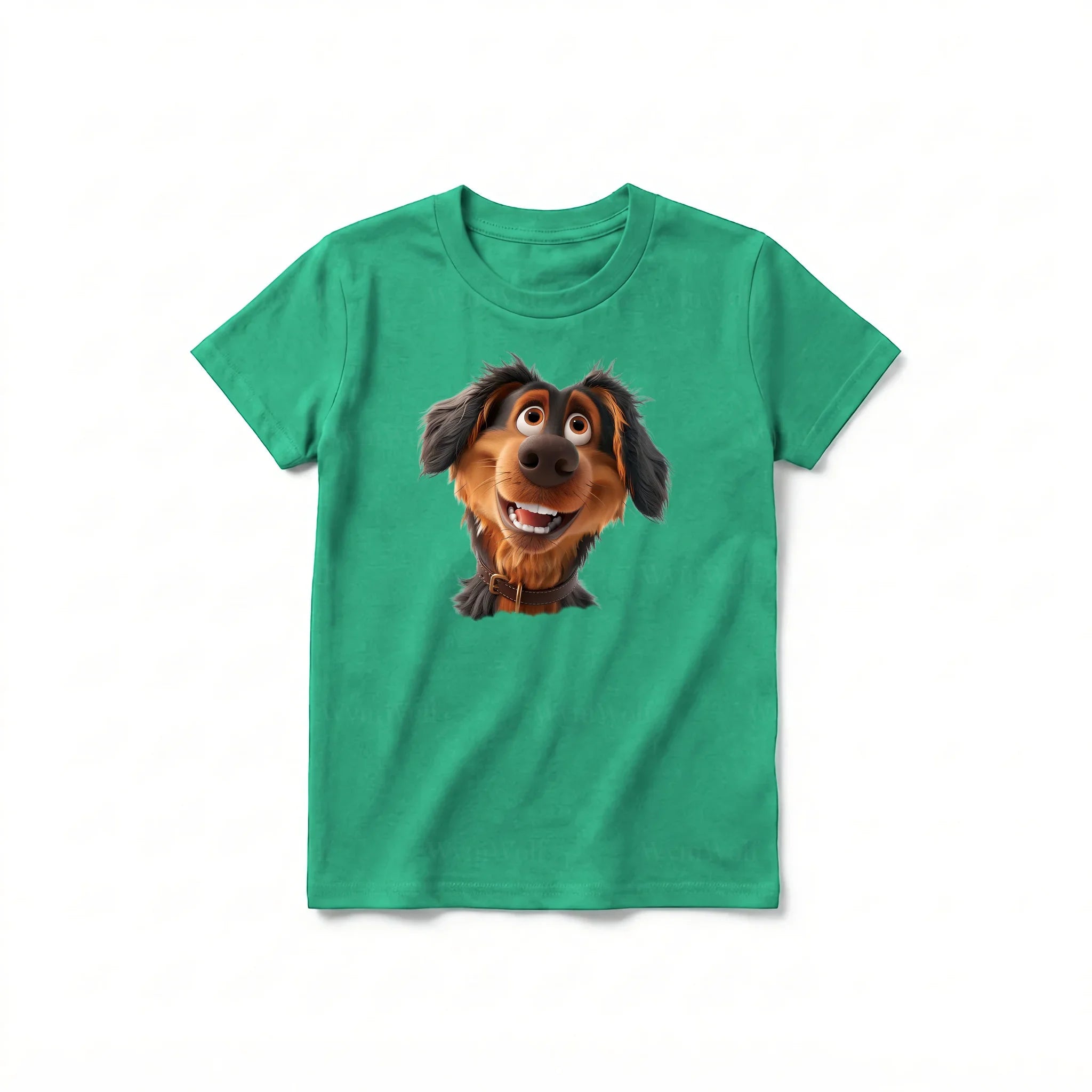 Un T-shirt kelly à manches courtes et col rond pour jeune, orné d'un motif représentant un chien sur le devant.