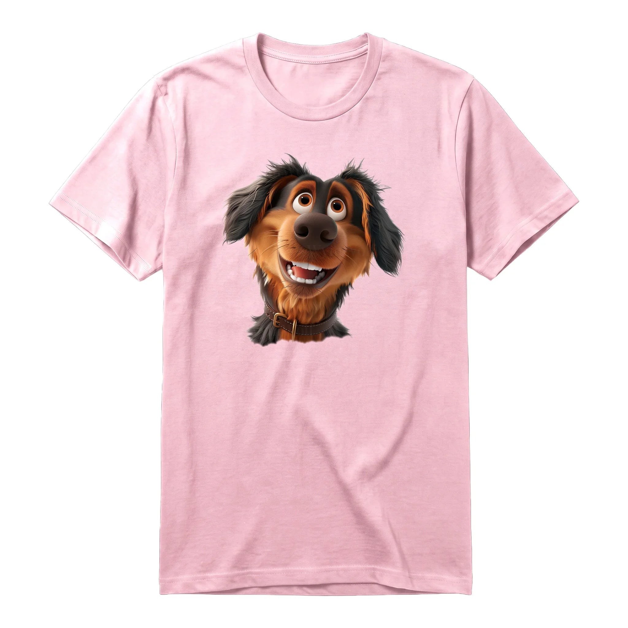 Un T-shirt rose à manches courtes et col rond, orné d'un motif représentant un chien sur le devant.