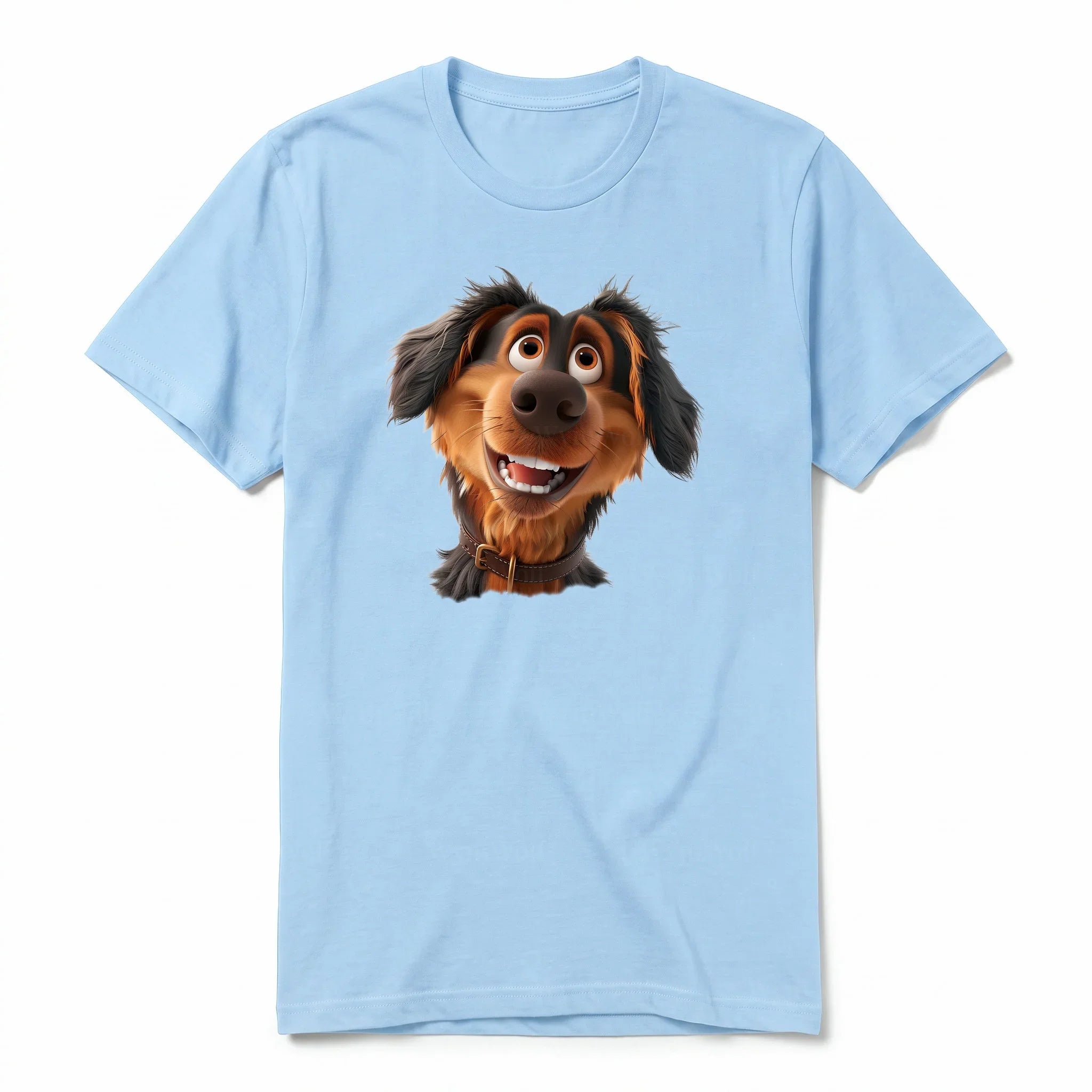 A powder short-sleeve crewneck t-shirt for adult featuring a graphic of a dog on the front.
