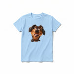 A powder short-sleeve crewneck t-shirt for youth featuring a graphic of a dog on the front.