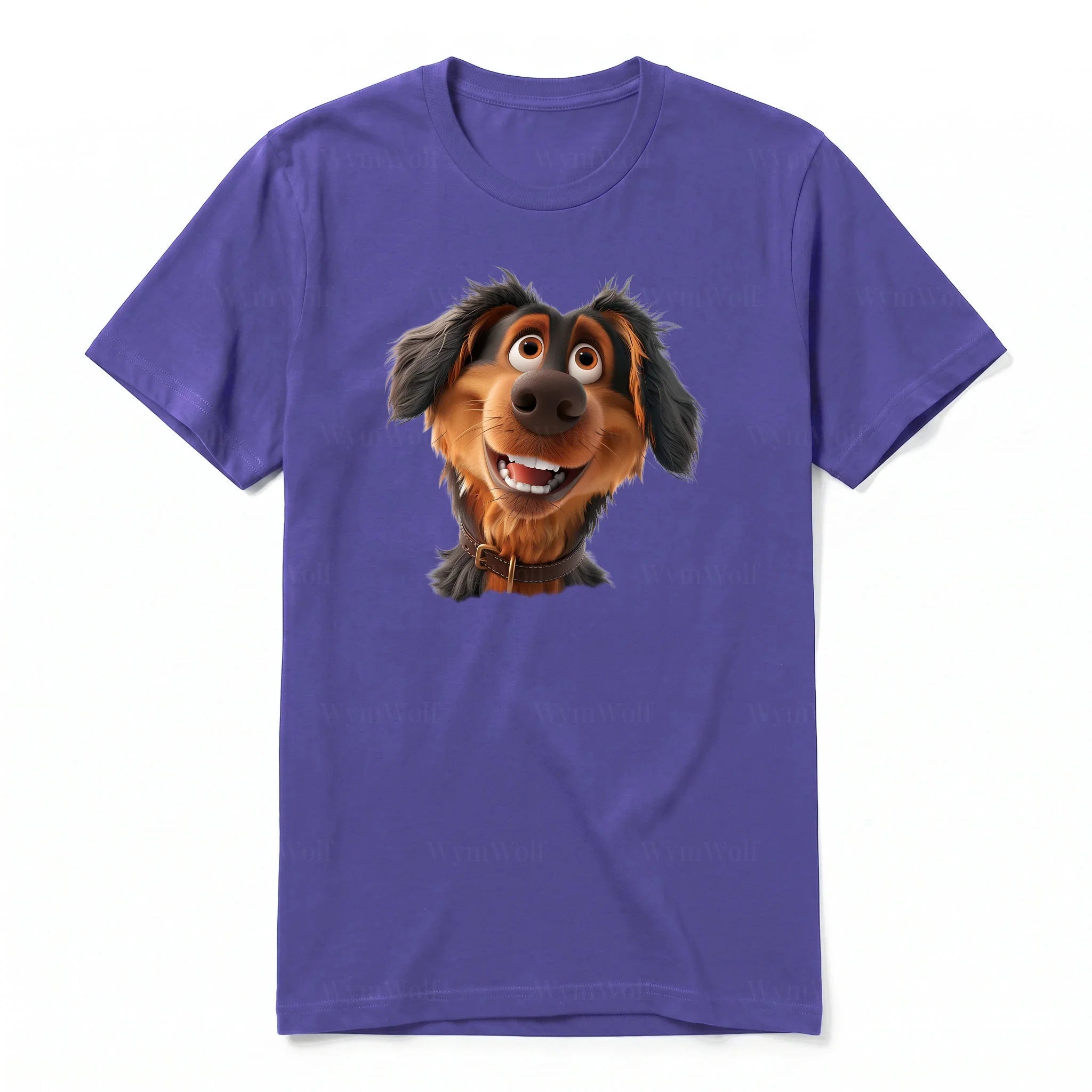 A purple short-sleeve crewneck t-shirt for adult featuring a graphic of a dog on the front.