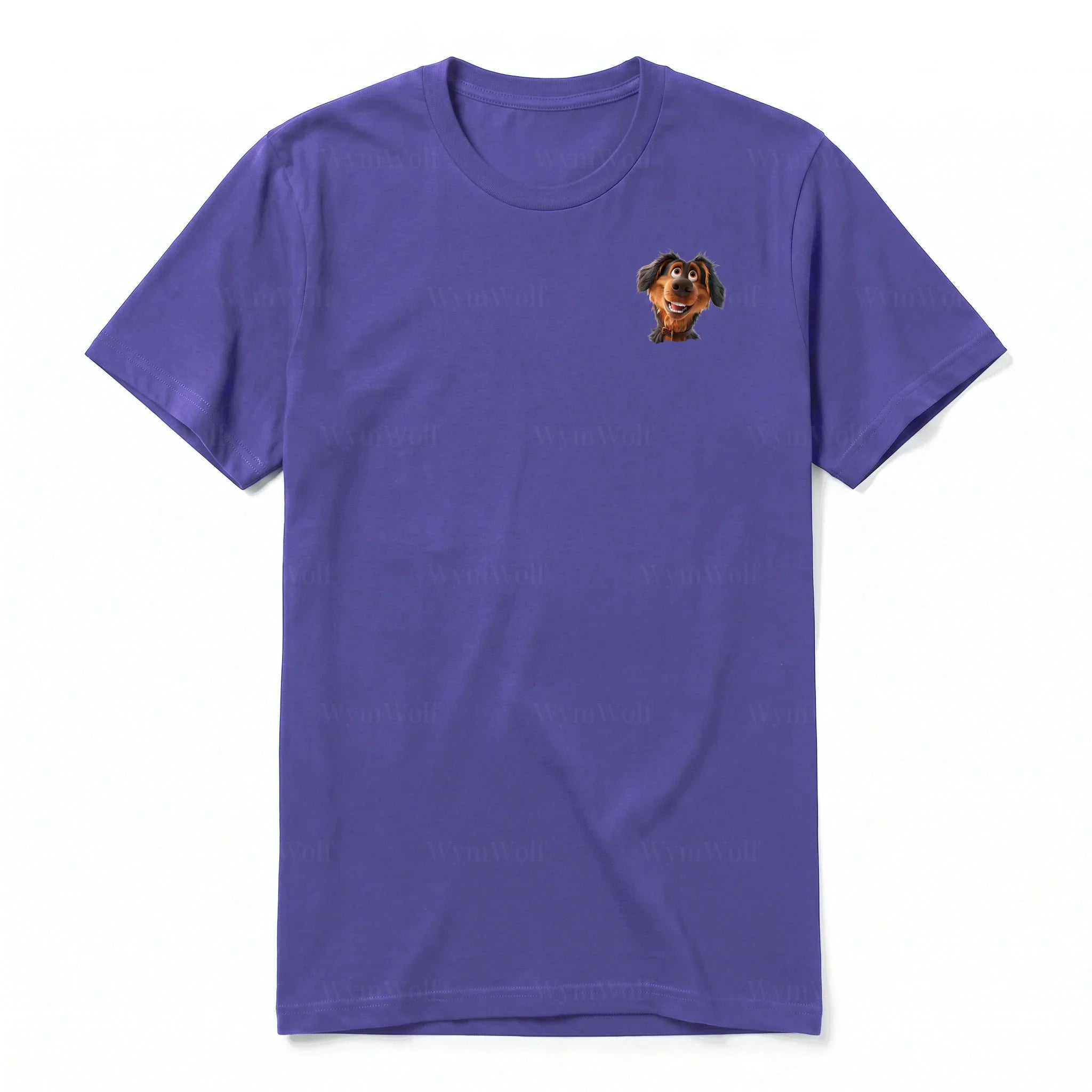 A purple short-sleeve crewneck t-shirt for adult featuring a graphic of a dog on the left chest.