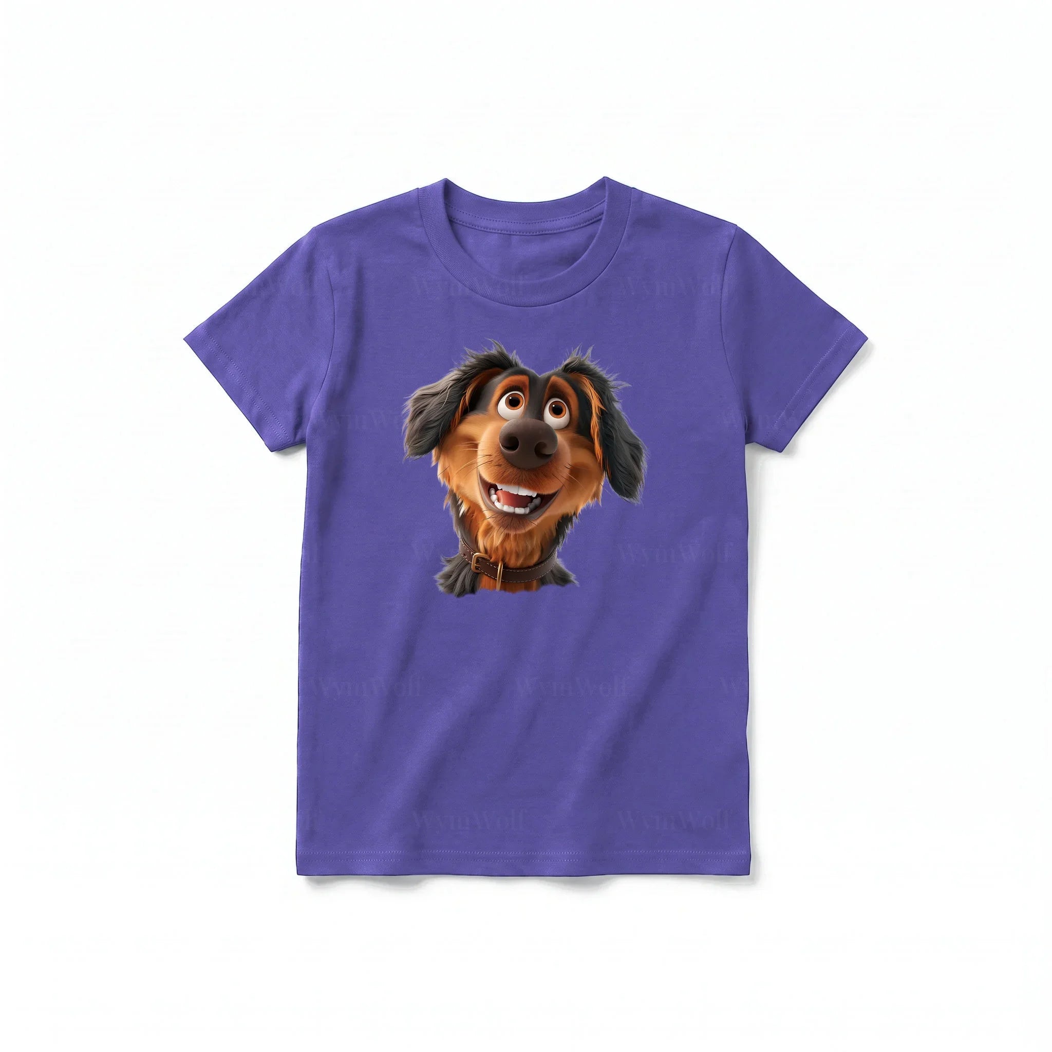 A purple short-sleeve crewneck t-shirt for youth featuring a graphic of a dog on the front.