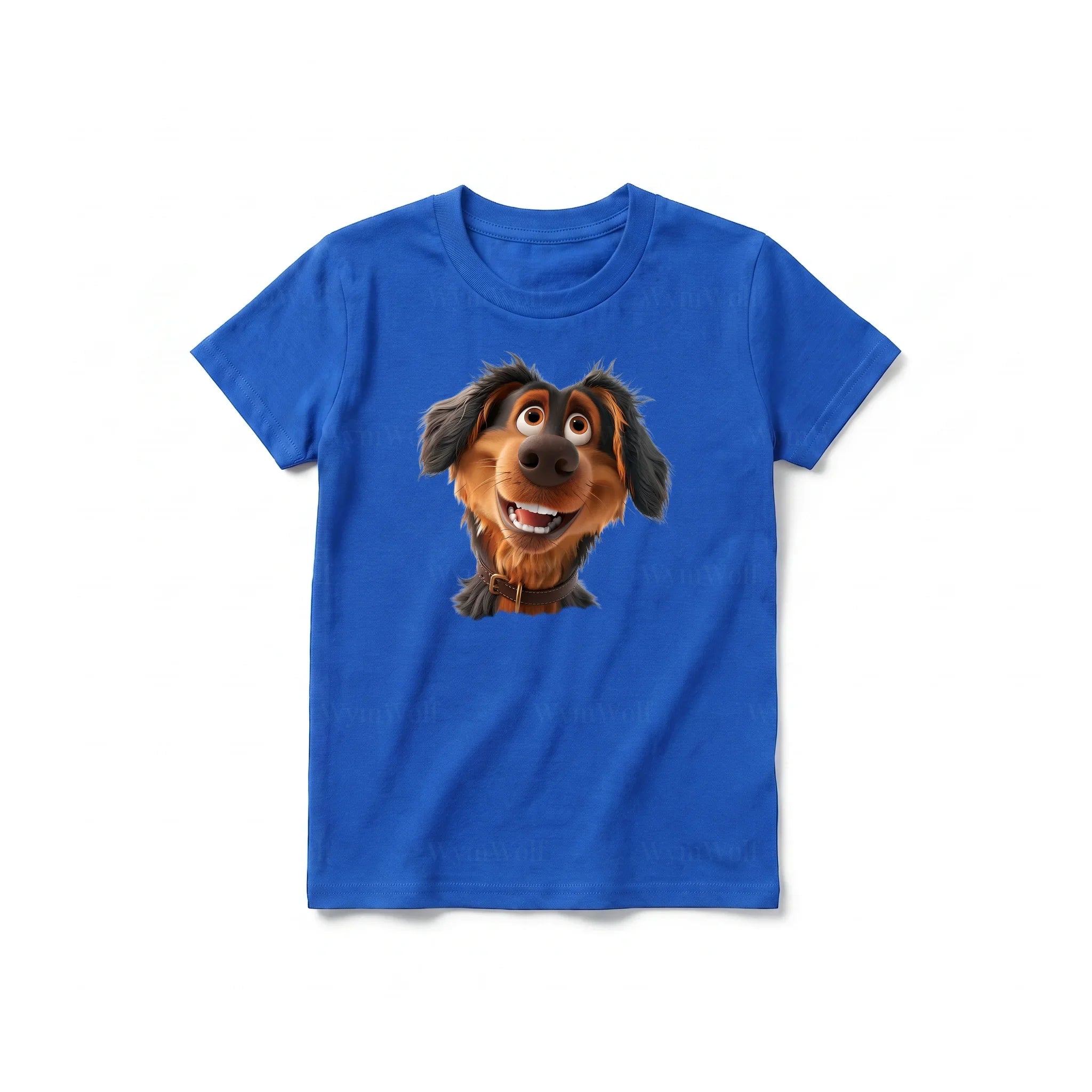 Un T-shirt royal à manches courtes et col rond pour jeune, orné d'un motif représentant un chien sur le devant.