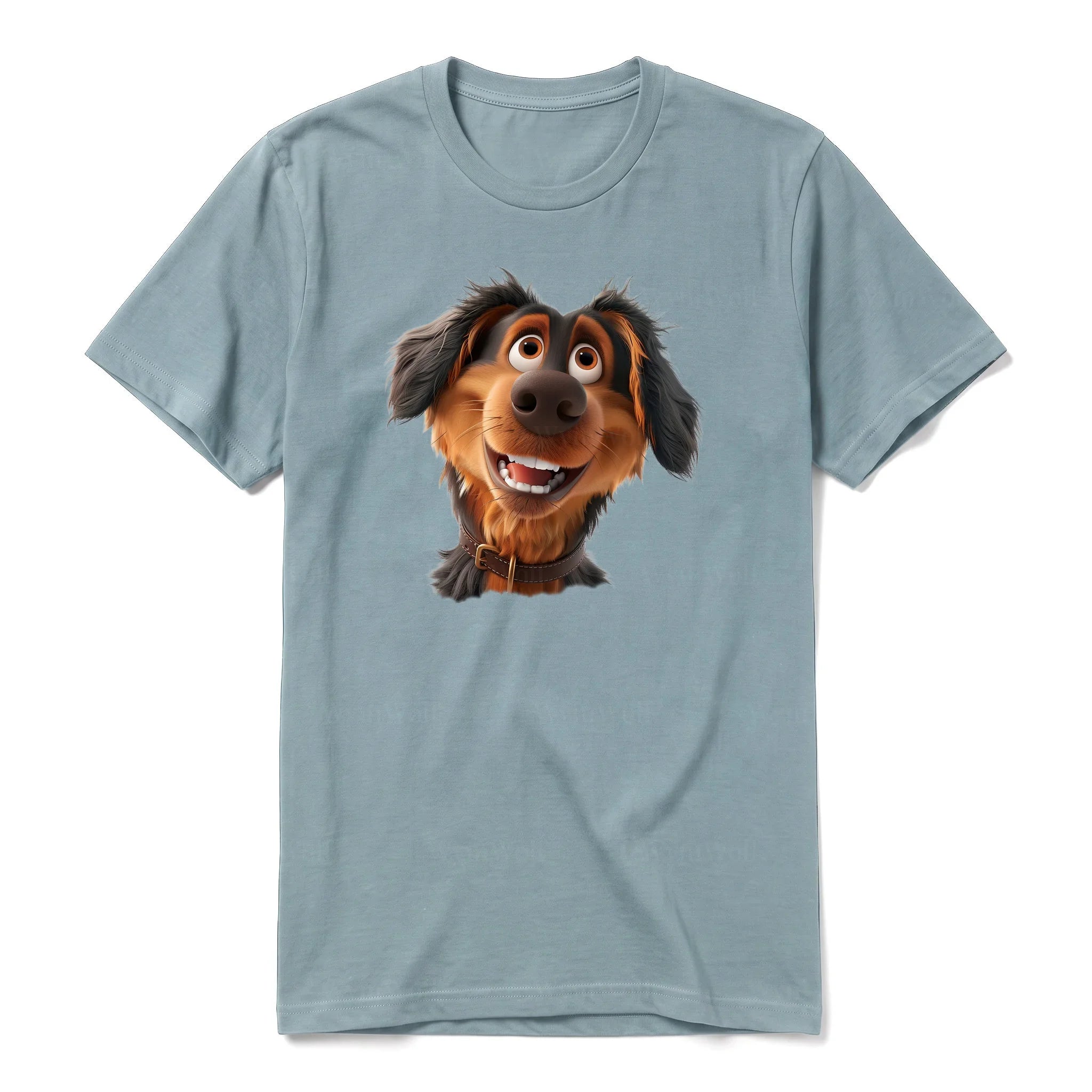 Un T-shirt sauge à manches courtes et col rond, orné d'un motif représentant un chien sur le devant.
