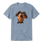 A steel-blue short-sleeve crewneck t-shirt for adult featuring a graphic of a dog on the front.