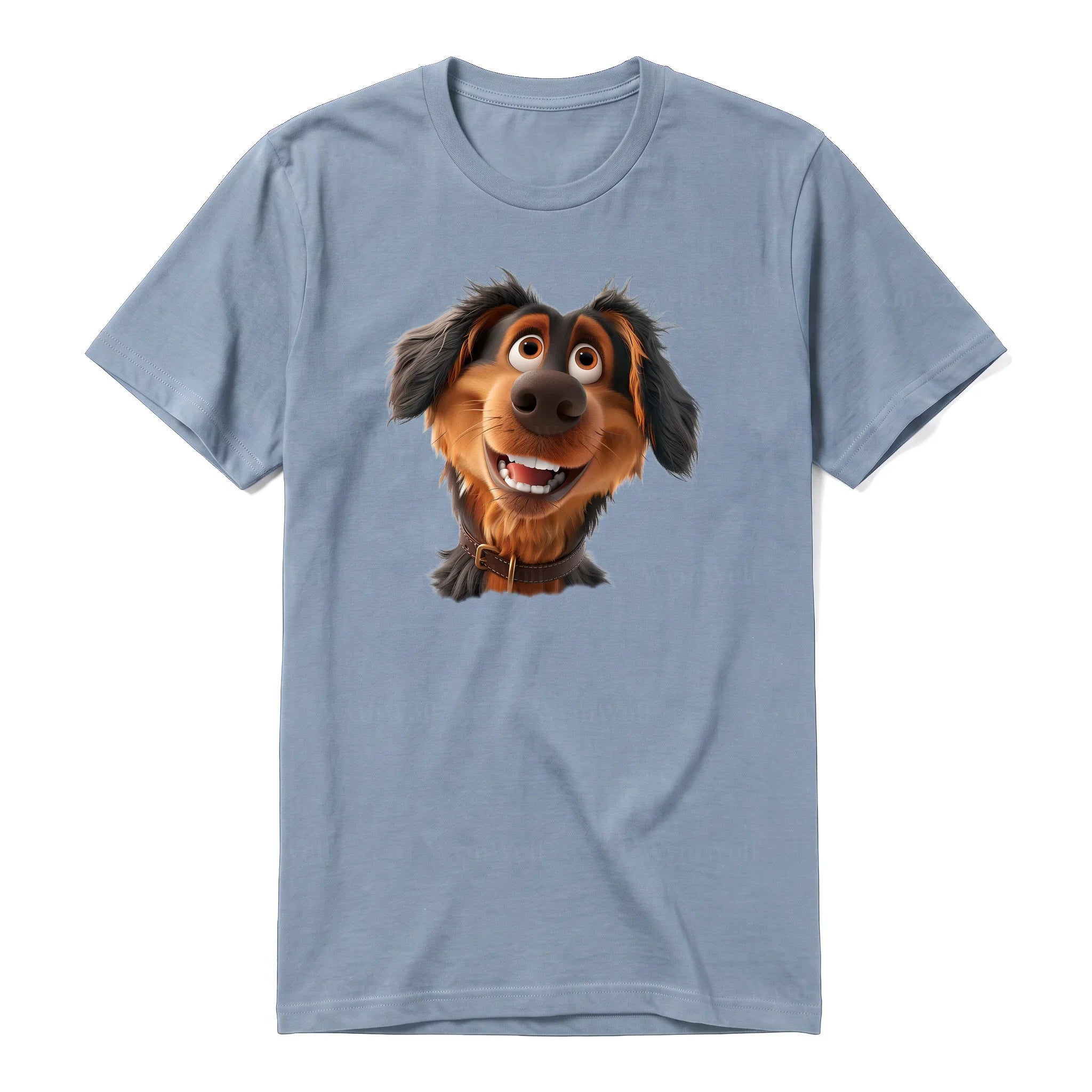 A steel-blue short-sleeve crewneck t-shirt for adult featuring a graphic of a dog on the front.