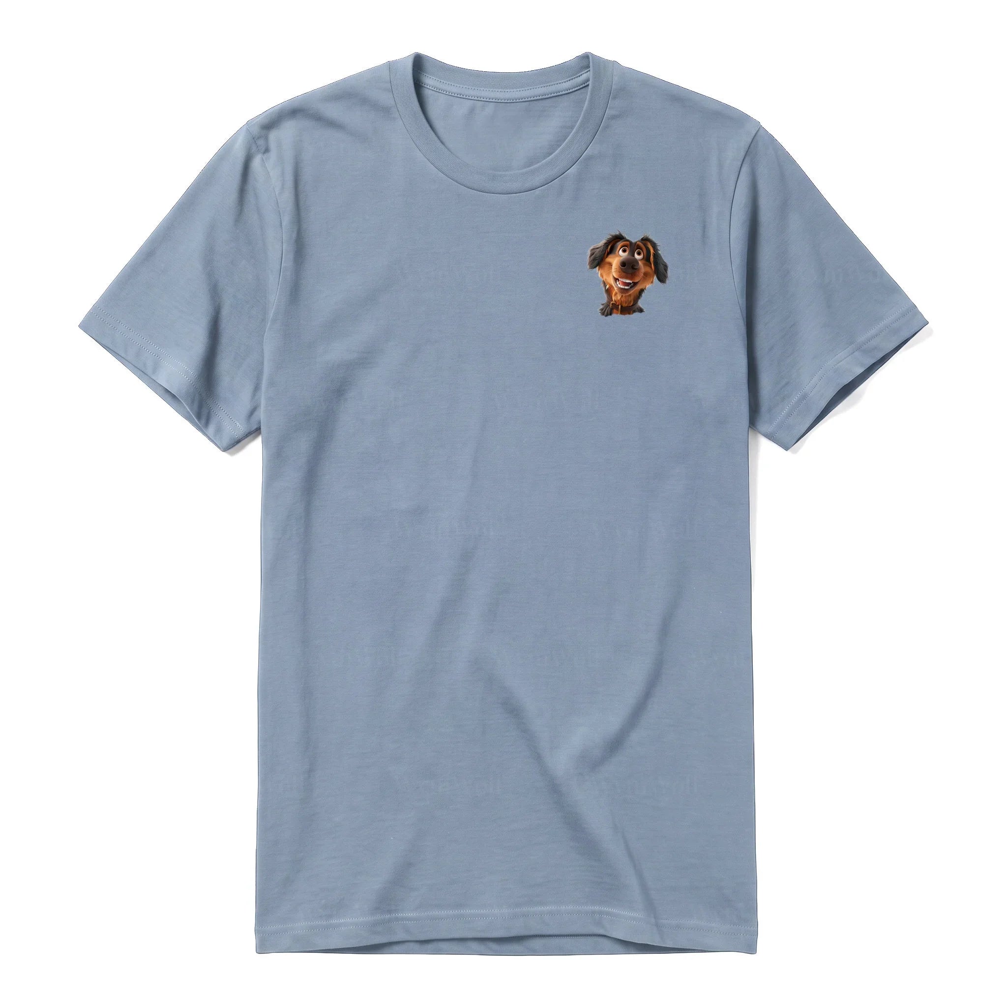 A steel-blue short-sleeve crewneck t-shirt for adult featuring a graphic of a dog on the left chest.