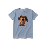 A steel-blue short-sleeve crewneck t-shirt for youth featuring a graphic of a dog on the front.