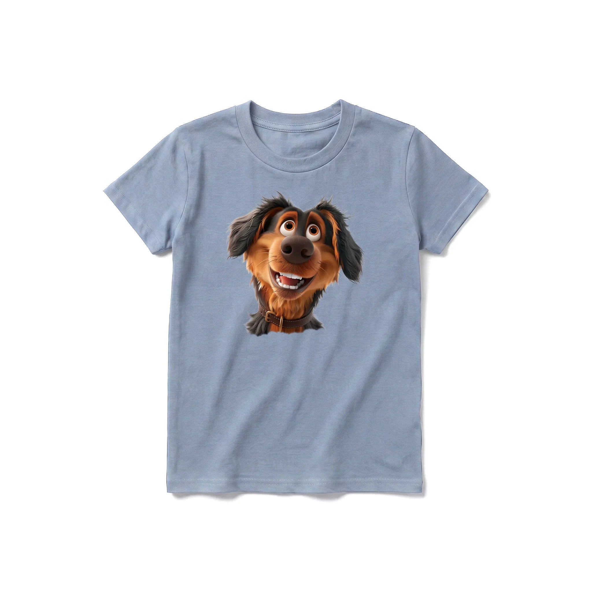A steel-blue short-sleeve crewneck t-shirt for youth featuring a graphic of a dog on the front.