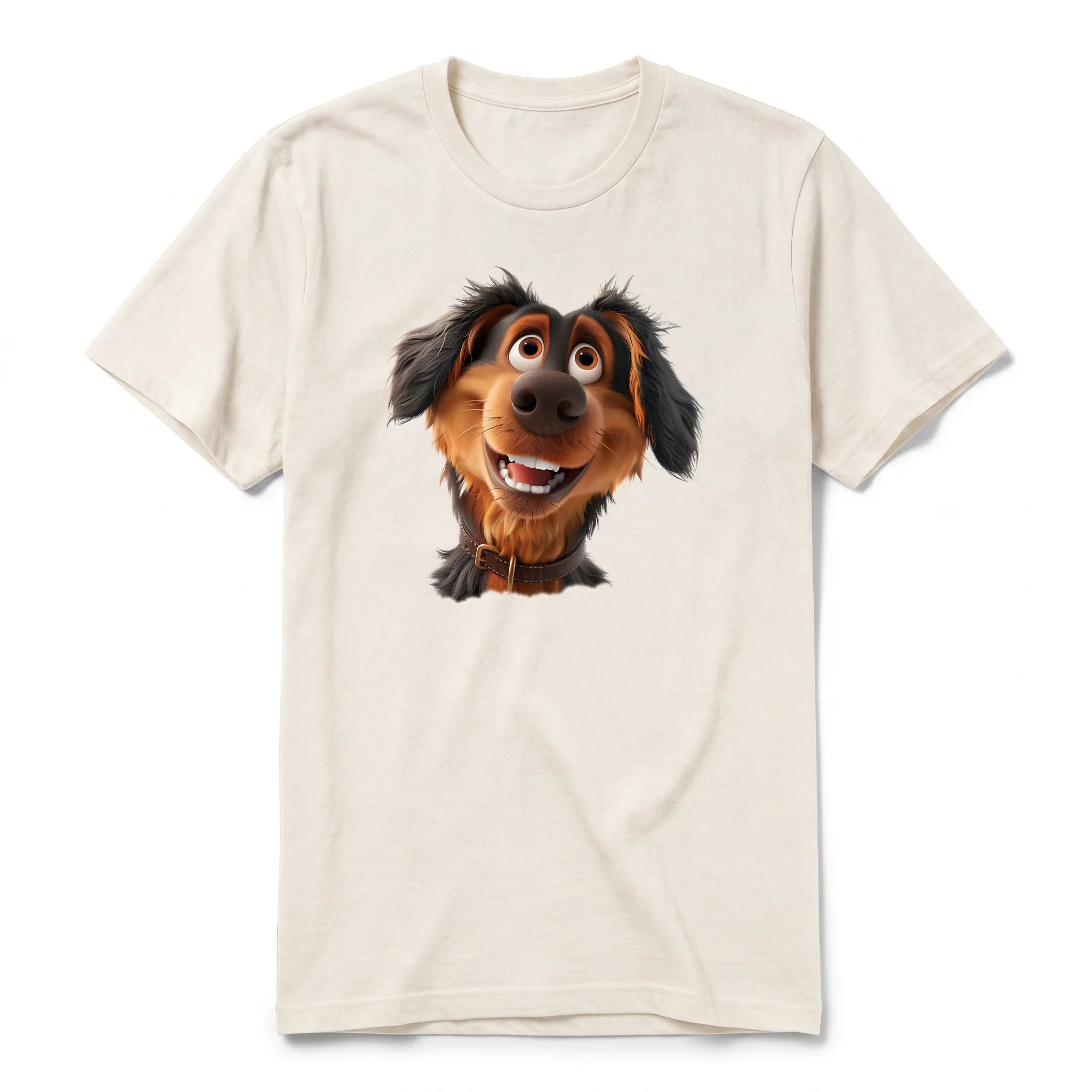 A vintage-white short-sleeve crewneck t-shirt for adult featuring a graphic of a dog on the front.