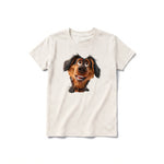 A vintage-white short-sleeve crewneck t-shirt for youth featuring a graphic of a dog on the front.