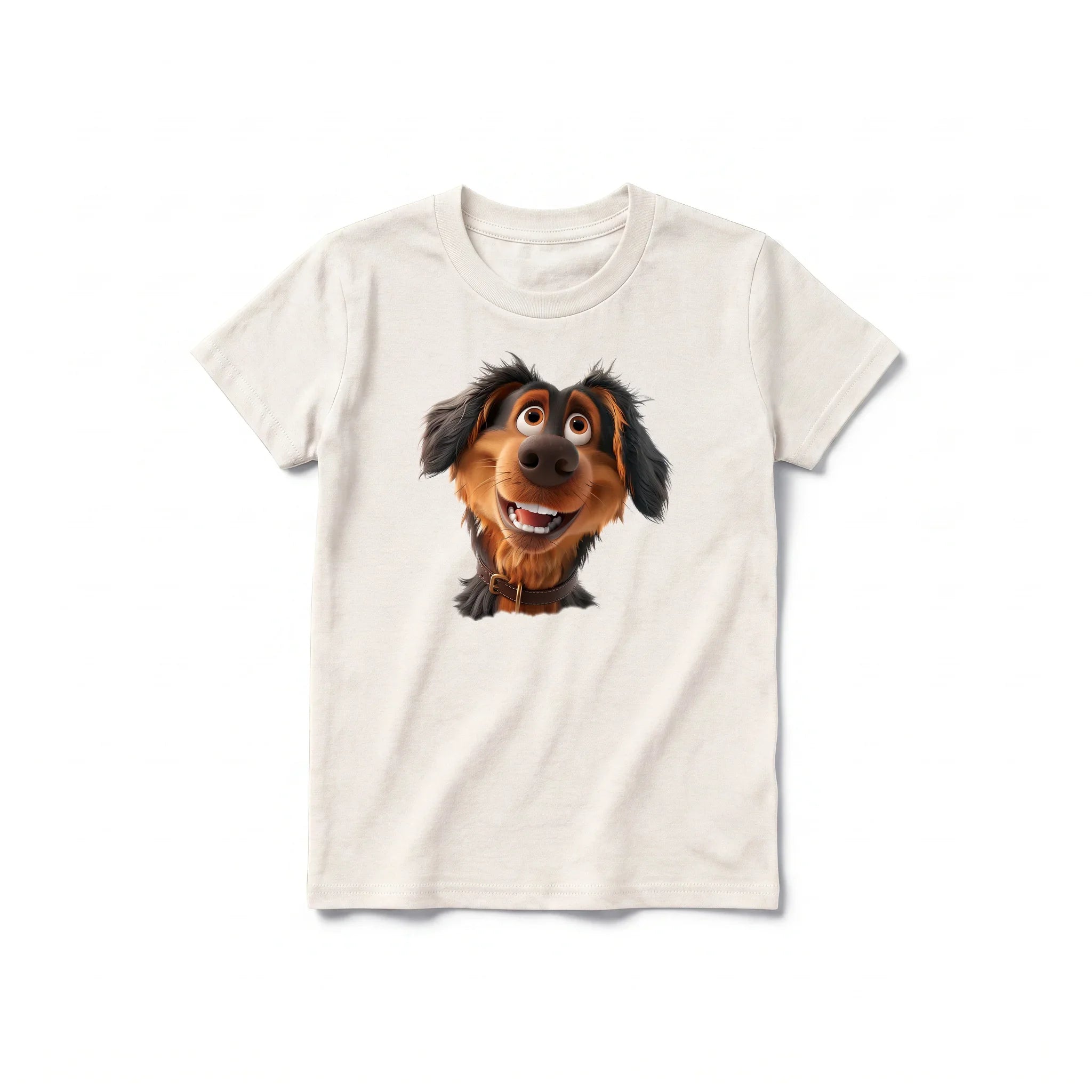 A vintage-white short-sleeve crewneck t-shirt for youth featuring a graphic of a dog on the front.