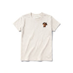 A vintage-white short-sleeve crewneck t-shirt for youth featuring a graphic of a dog on the left chest.