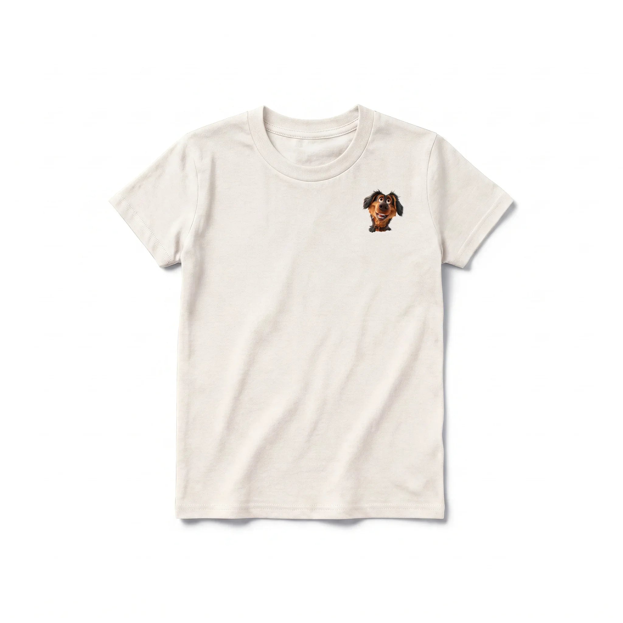A vintage-white short-sleeve crewneck t-shirt for youth featuring a graphic of a dog on the left chest.