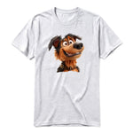 A ash grey short-sleeve crewneck t-shirt for adult featuring a graphic of a dog on the front.