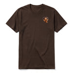 A chocolate short-sleeve crewneck t-shirt for adult featuring a graphic of a dog on the left chest.