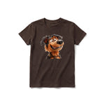 A chocolate short-sleeve crewneck t-shirt for youth featuring a graphic of a dog on the front.