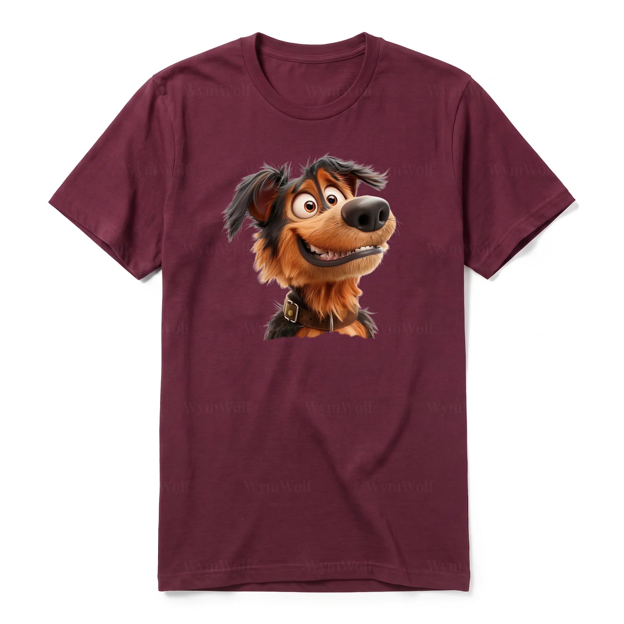 Un T-shirt marron à manches courtes et col rond, orné d'un motif représentant un chien sur le devant.