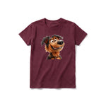 Un T-shirt marron à manches courtes et col rond pour jeune, orné d'un motif représentant un chien sur le devant.