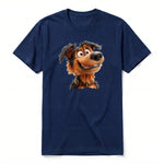 A navy short-sleeve crewneck t-shirt for adult featuring a graphic of a dog on the front.