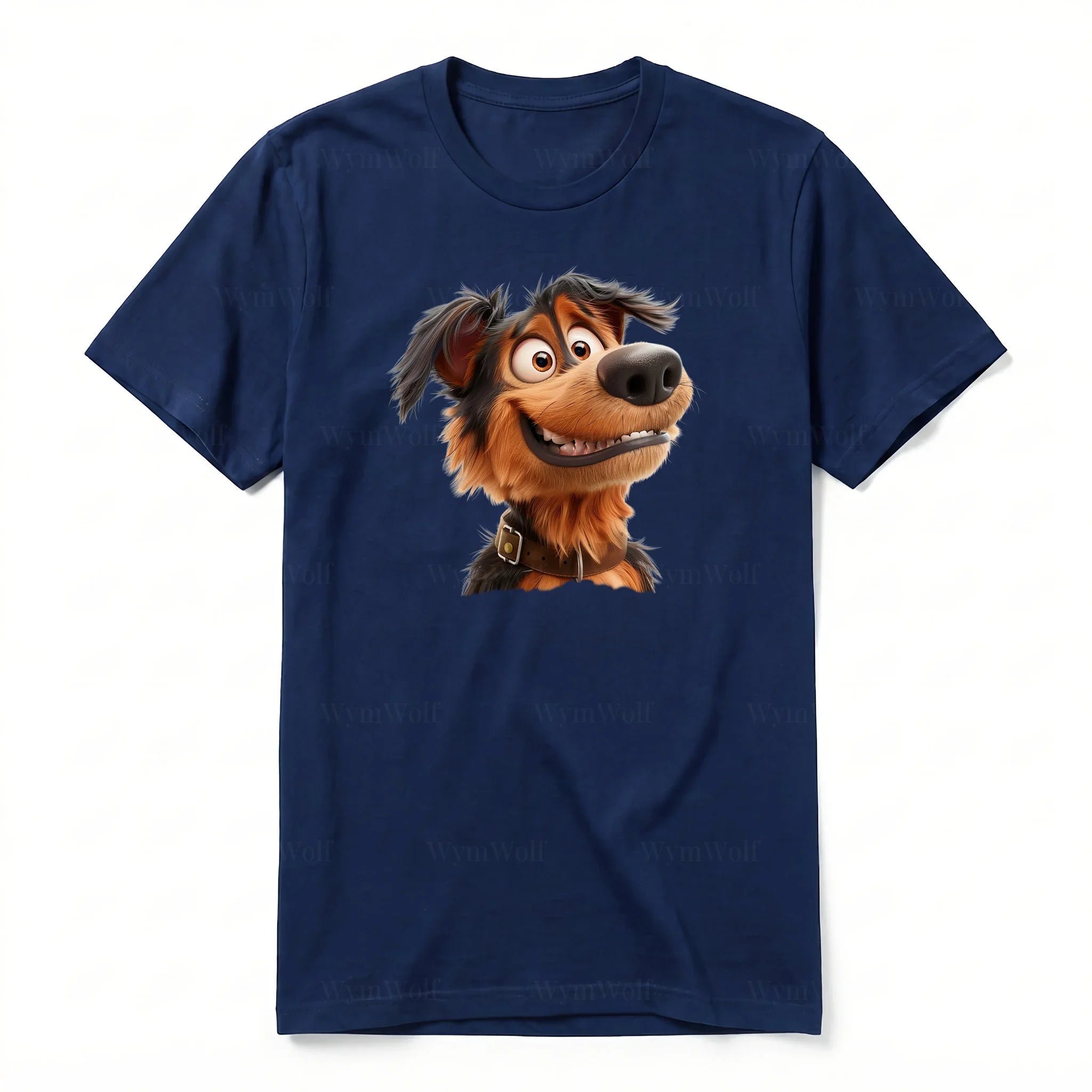A navy short-sleeve crewneck t-shirt for adult featuring a graphic of a dog on the front.